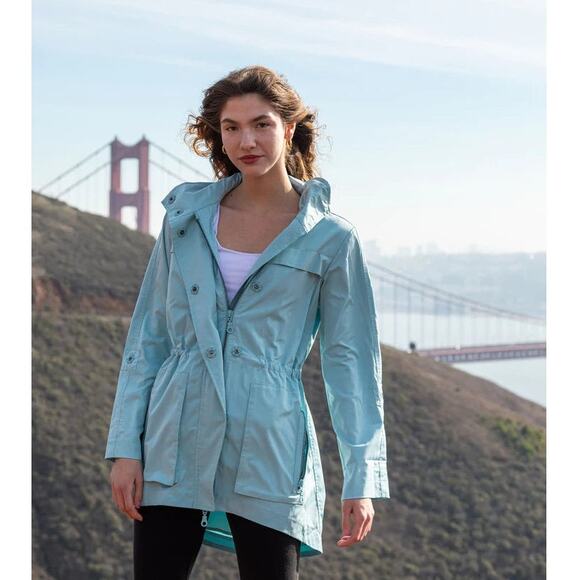 My Anorak Jacket Size M Aqua Blue Hooded Rain Utility Packable Classic Preppy - Picture 2 of 9